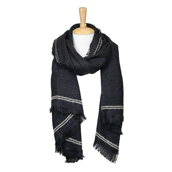 Women's Winter Warm Solid Oblong Scarf with Accent Border Black