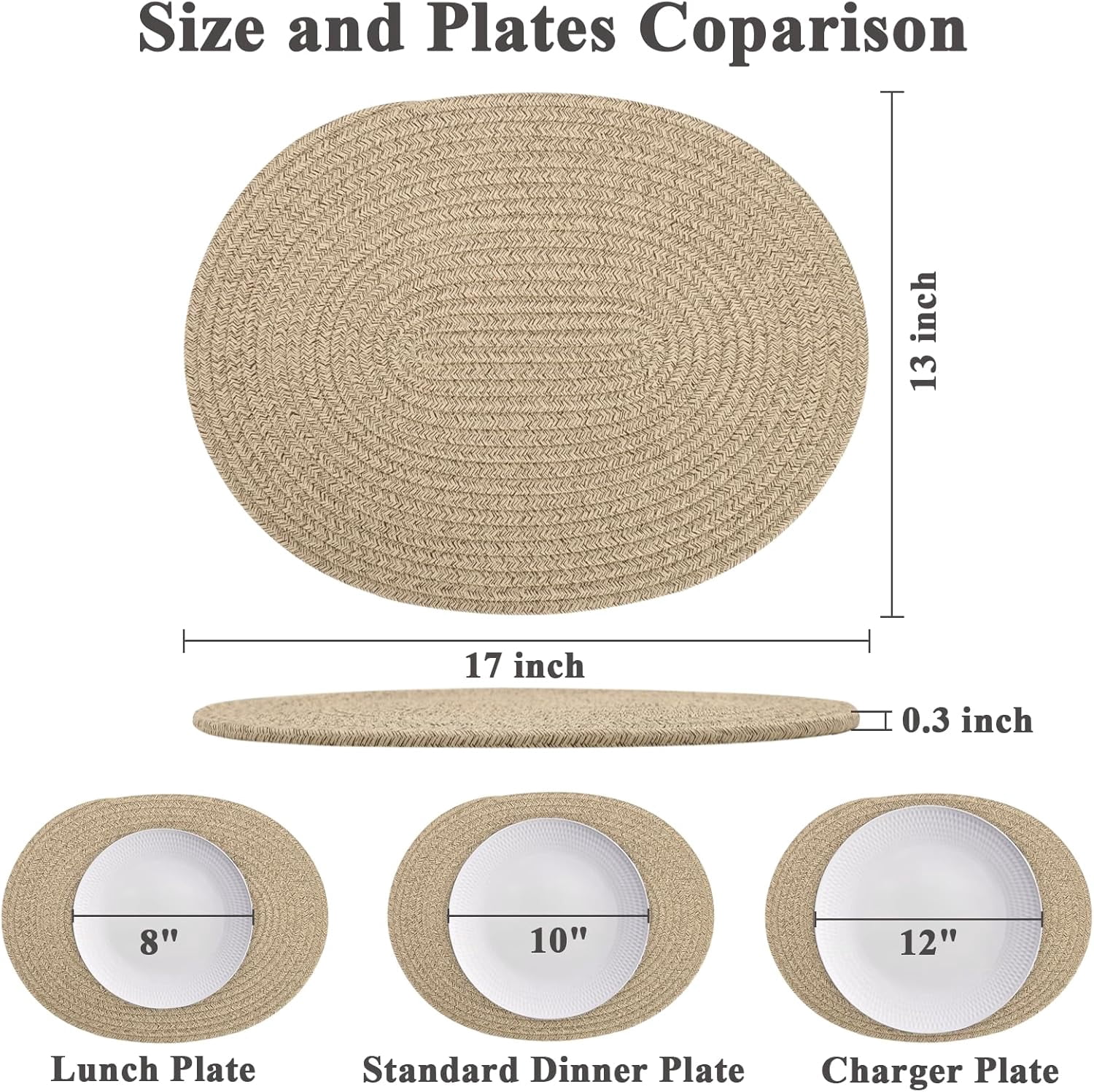 Oval Woven Placemats Set of 6, Boho Cotton Rope Braided Table Mats, 17x13 Inches Non Slip Heat Resistant Place Mats for Dining Room, Thick Hot Pads for Farmhouse Kitchen Table Decor. (Brown)
