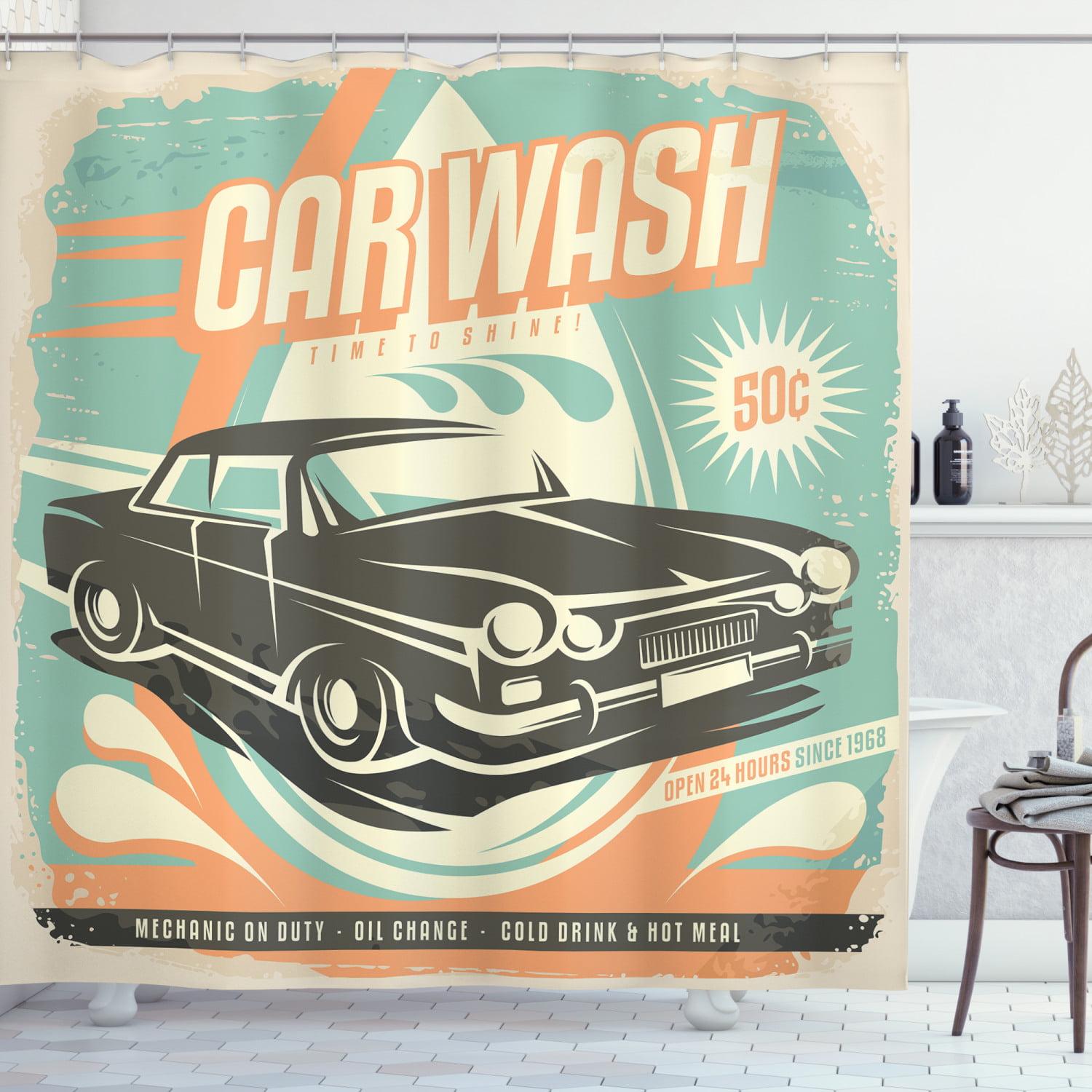 Cars Shower Curtain Retro Car Wash, Car Shower Curtain Hooks