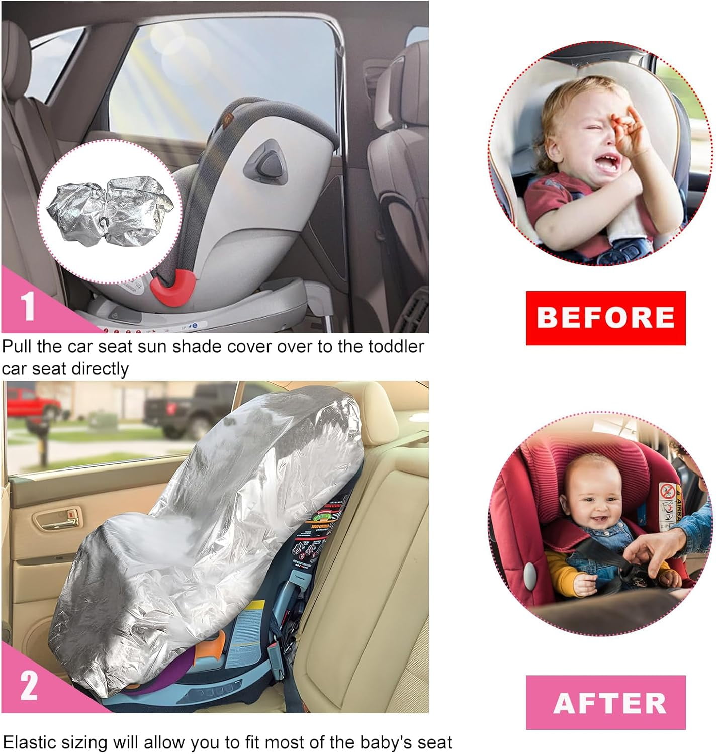 OhhGo Car Seat Sun Shade Cover, Baby Infant Car Seats Heat Protector, Keep Your Baby's Carseat at a Cooler Temperature, Reflective Baby Seat Covers for Car Seats Baby Travel Accessories, 2 Pack