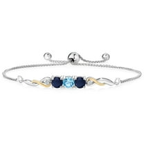 925 Sterling Silver and 10K Yellow Gold Swiss Blue Topaz Blue Sapphire and White Lab Grown Diamond Tennis Bracelet for Women (1.87 Cttw, Gemstone November Birthstone, Fully Adjustable up to 9 inch)