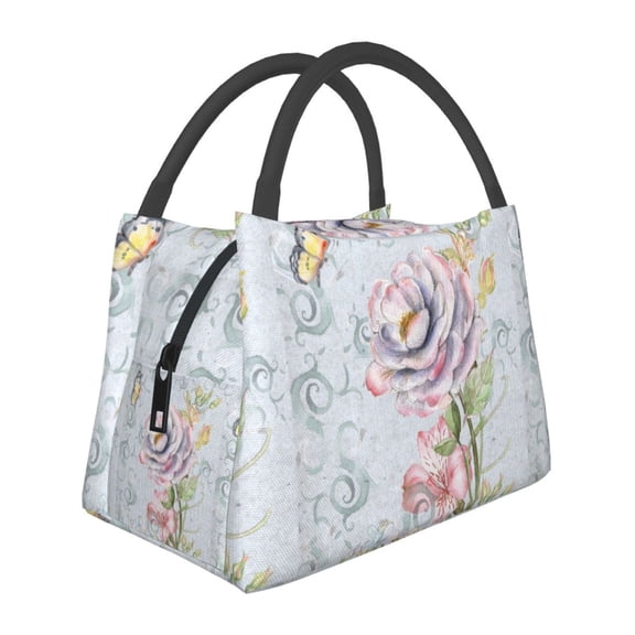 Vsdgher Vintage Rose Print Insulated Reusable Bags with Sturdy Zipper and Handles, Foldable Totes for Hot or Cold Food Bring or Delivery