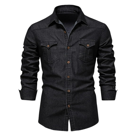 Tawop Mens Dress Shirts Vintage Denim Long Sleeve Shirts Pocket Button-Up Shirts ,Size L