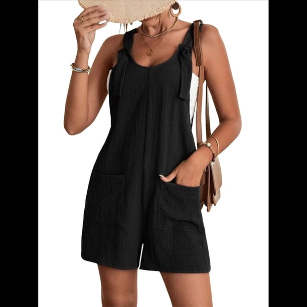Cortos de Verano A para Mujer, Casuales Sin Mangas con Bolsillos Negro L