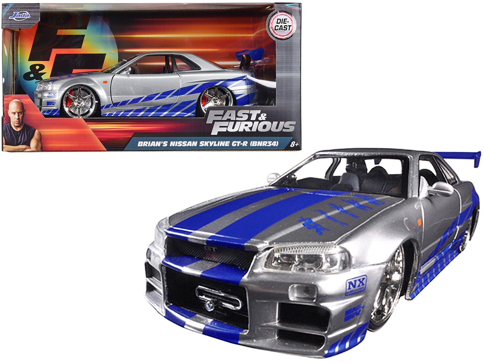 Nissan Skyline (R34) 1:24 ミニカー JADA 1:24 Diecast Model Car - Brian's FURIOUS Silver/Blue Nissan