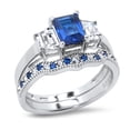 thumbnail image 3 of His Her Wedding Ring Set Blue CZ TRIO Silver Engagement Couples bands bride groom, 3 of 6