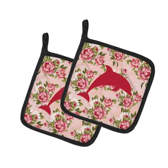 Caroline's Treasures BB1025-RS-PK-PTHD Dolphin Shabby Chic Pink Roses Pair of Pot Holders , 7.5HX7.5W, multicolor