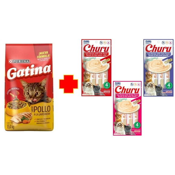 Paquete Gatina 15 kg + 1 bolsa de 4 tubos humedos churu premio 56 gr.