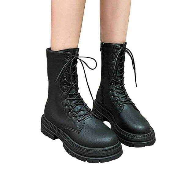 Rokment Platform Mid Calf Combat Boots for Women Fall Winter Classic Fashion Leather Lace up Lug Sole Chunky Heel Short Riding Chukka Booties Black Size 6.5
