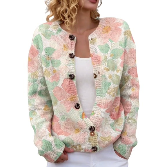 Womens Cardigan Sweater Floral Print Button Down Long Sleeve Open Front Knit Lightweight Light Pink L
