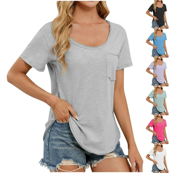 Otvok Womens New Summer Blouses Solid Color V-Neck Pocket Short Sleeved Tops