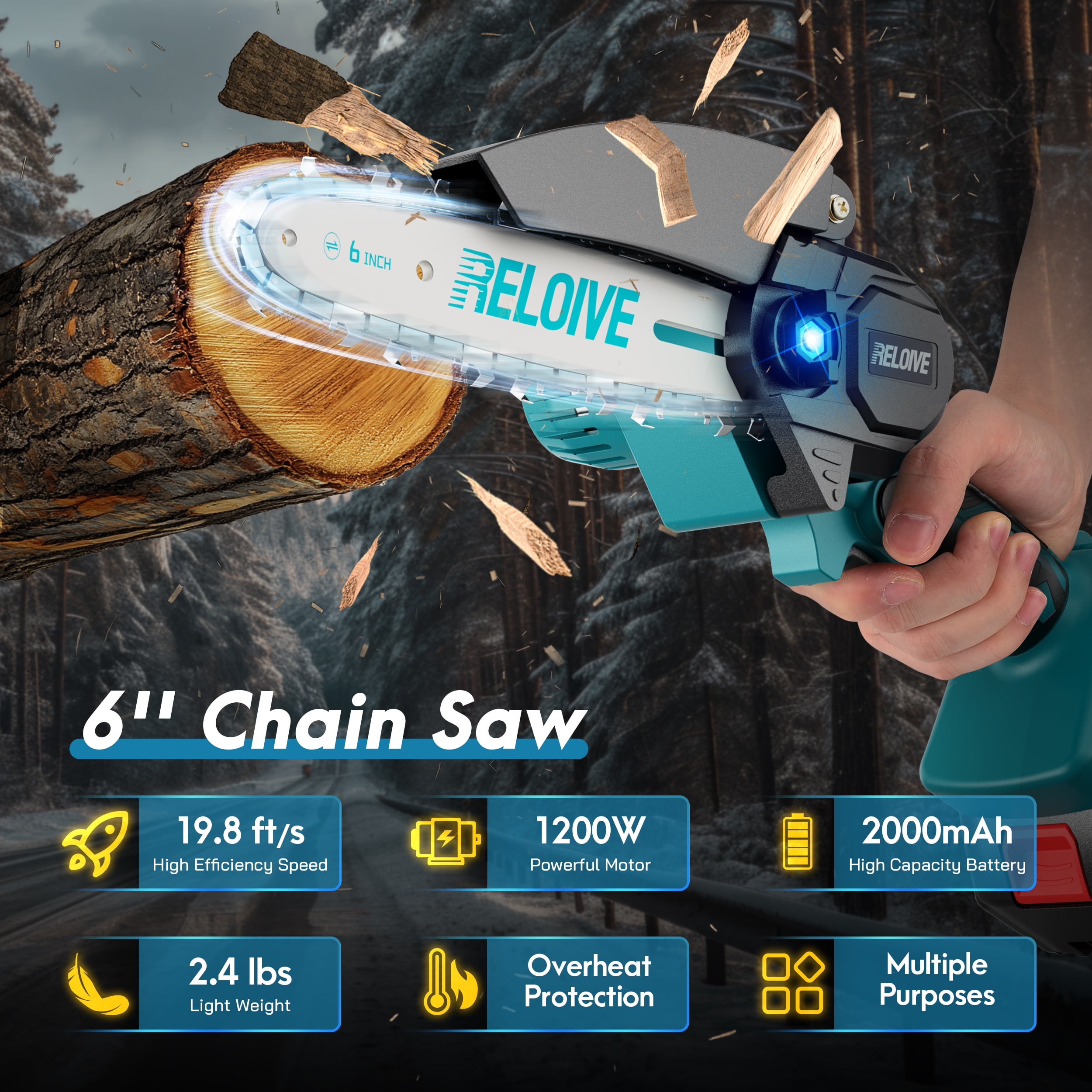 RELOIVE 6 in Mini Chainsaw with 2PCS 2.0 Ah Batteries 3 Chains,Cordless Small Handheld Chain Saw for Wood Cutting Tree Trimming