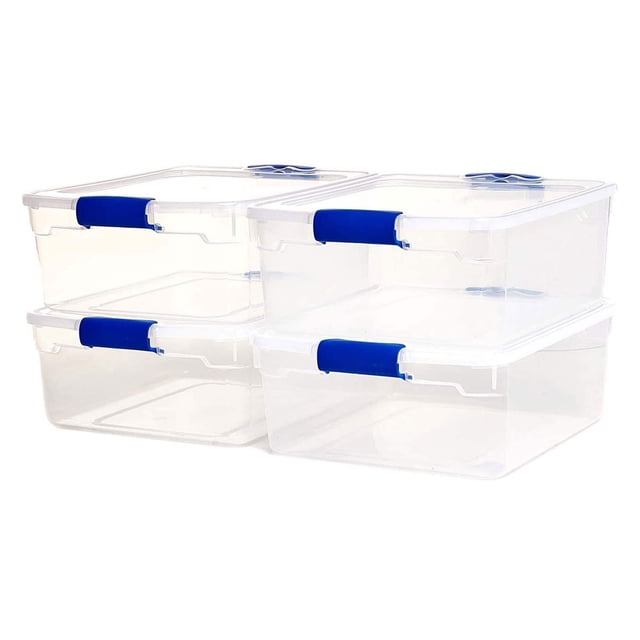 HOMZ 4-Pack 15.5 Qt Latching Lid clear plastic storage organizer bins with blue ergonomic latching handles. Durable see-through design allows visibility of contents. Stackable with recessed lids for efficient vertical storage. Ideal for organizing household items, home office supplies, clothing, craft materials, and seasonal decorations. Lids snap securely to keep contents dust-free.