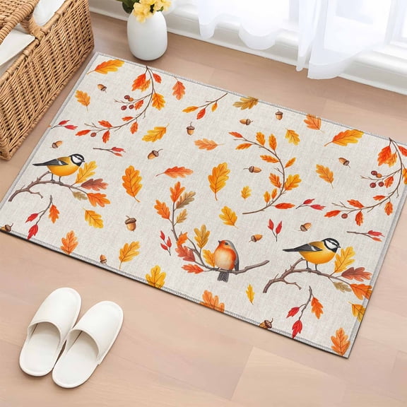 Entryway Rug 2'x3', Orange Leaves Fall Small Rug for Kitchen Bathroom Door Mat Indoor Entrance, Branches Birds Pine Cones Rustic Non-Slip Area Rugs Floor Mats Carpet Front Door Rugs