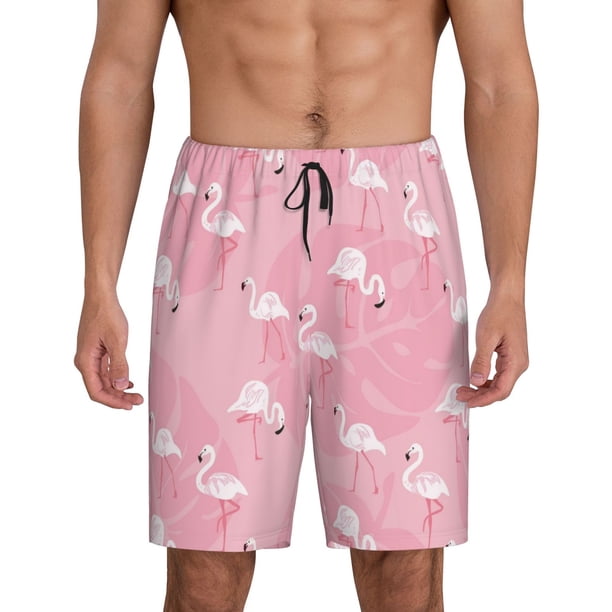 Balery Pink Flamingos and Flowers Pantalones cortos de pijama de punto de algodón para hombre con cinturilla y bolsillos-Small