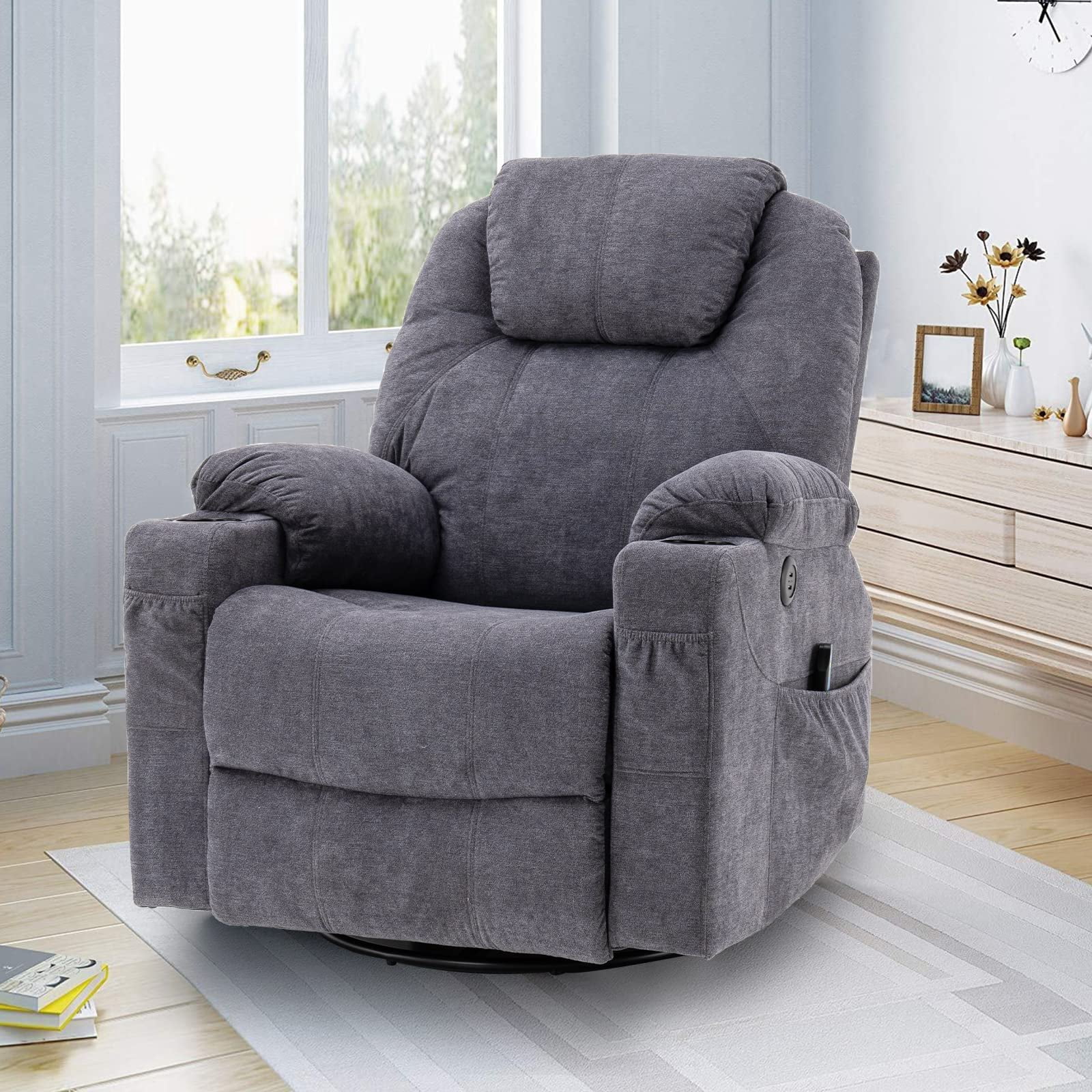 W WARMHOL Swivel Rocker Recliner Chair - Manual Glider Rocking Recliner Chair with Heated Massage Ergonomic Lounge Reclining Chair with Cup Holders/4 Pockets/Remote Control/USB Ports (Gray)