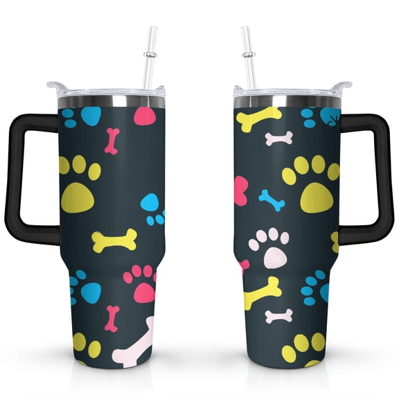Paw Print Dog Lovers Tumbler 40oz - Vacuum Insulated Coffee Cup with Handle & Straw- Cute Gift for Female Dog Owners