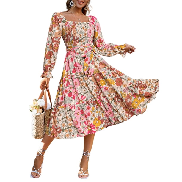 Vestido largo Simplee para mujer, manga larga, cuello cuadrado, estampado floral rosa