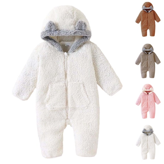 Sentuca Baby Boys Girls Bodysuit Cute Solid Color Warm Fleece Hoodie Rompers Long Sleeved Zipper Winter Jumpsuit White 3-6M