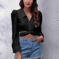 thumbnail image 3 of Puff Top corto de manga larga Color puro Casual Mujer Twist Front Tie Back Blusa para uso diario Negro XL, 3 of 5