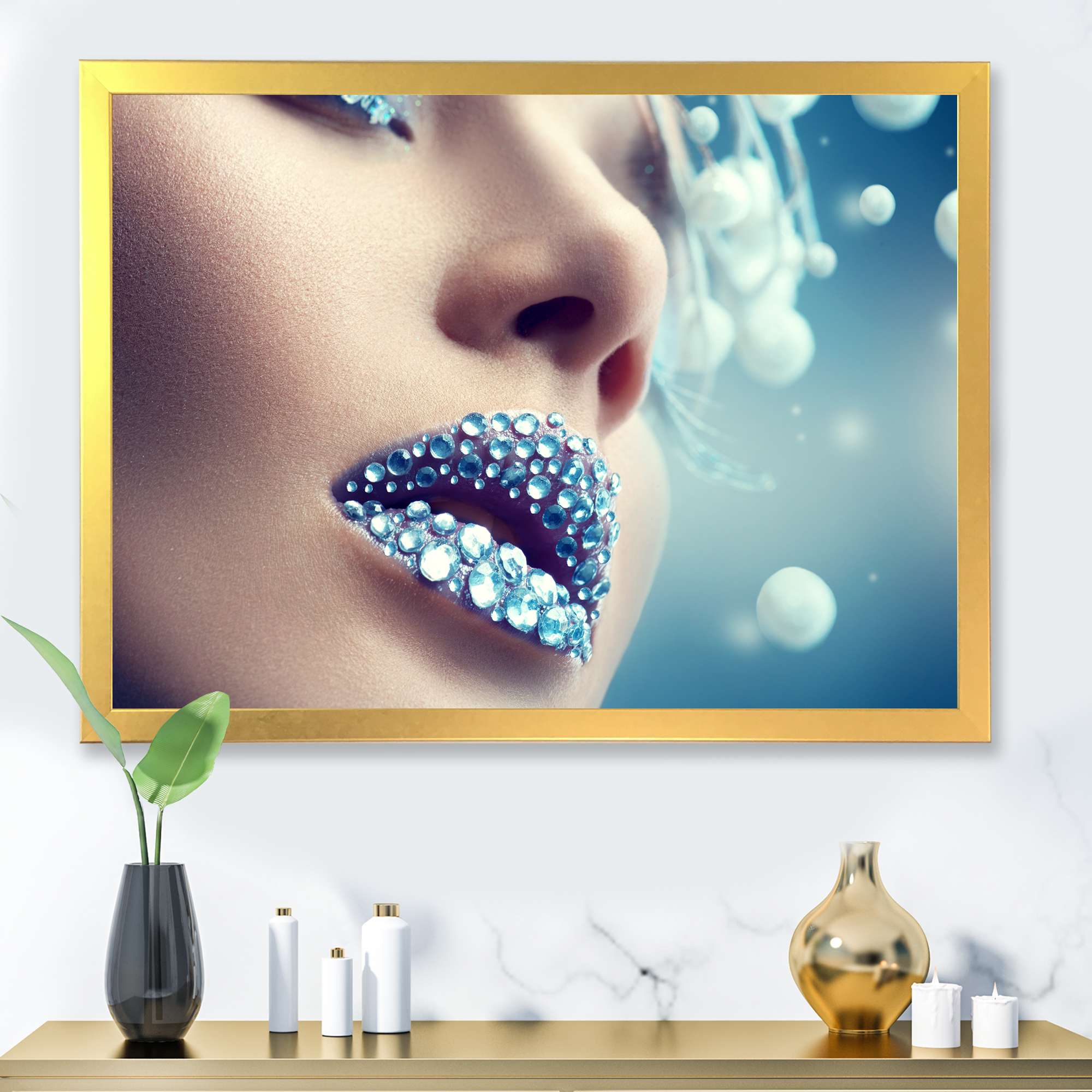 Designart 'Close-Up Of Gems On Female Lips' Modern Framed Art Print