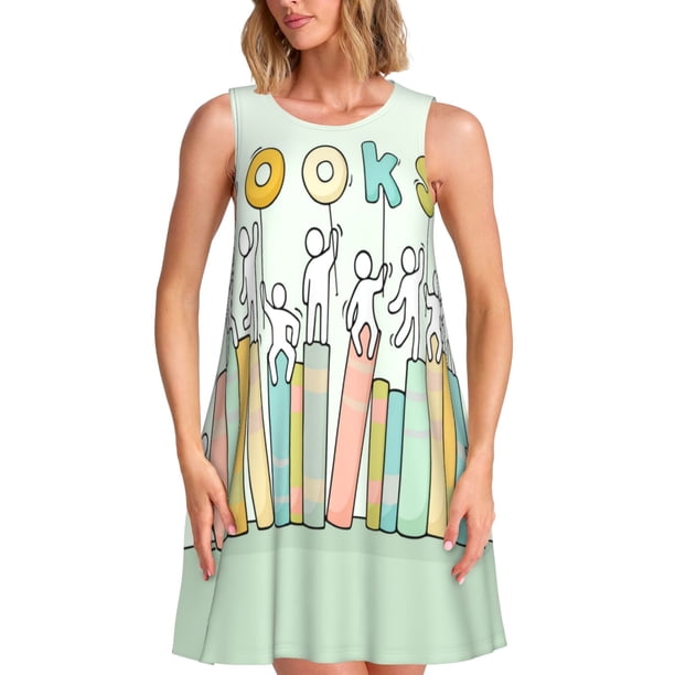Fotbe Books Vestido de Verano sin Mangas para Mujer – Vestido Midi Línea A, Estilo Camiseta Floral, Vestido Playero Casual y Fluido