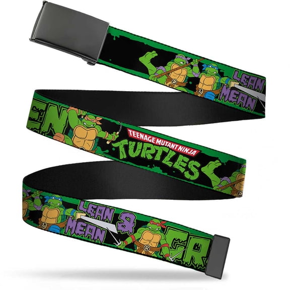 Adjustable Belt, Clamp Buckle, Cut-to-Fit, Ninja Turtles Logo Group Pose Lean Mean Green