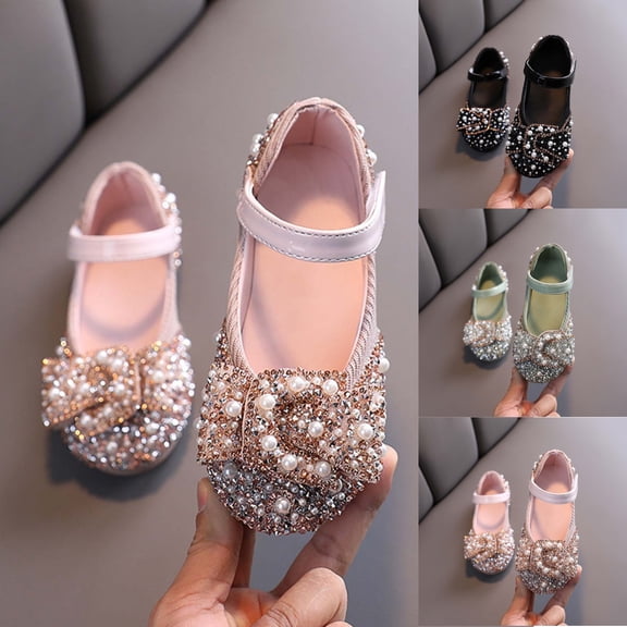 SGFCWSX Girls Mary Jane Shoes Kids Sparkly Rhinestone Pearl Bow Ankle Strap Wedding Party Flats Pink Size 11 Little Kids