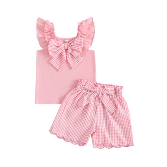 BemeyourBBs Toddler Baby Girl Summer Clothes Cute Infant Baby Girl 2 Pieces Outfit Sleeveless Ruffled Vest Tank Tops Bow Decor Plaid Print Shorts Set