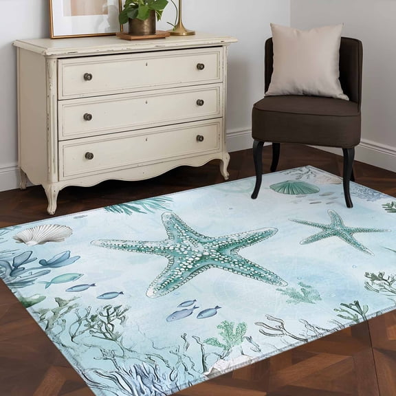 3'x5' Area Rugs, Coastal Starfish Indoor Outdoor Area Rug for Living Room Bedroom, Nautical Coral Tropical Fish Seashells Washable Bathroom Rugs Kitchen Floor Carpet Mats Home Decor Aesthetic