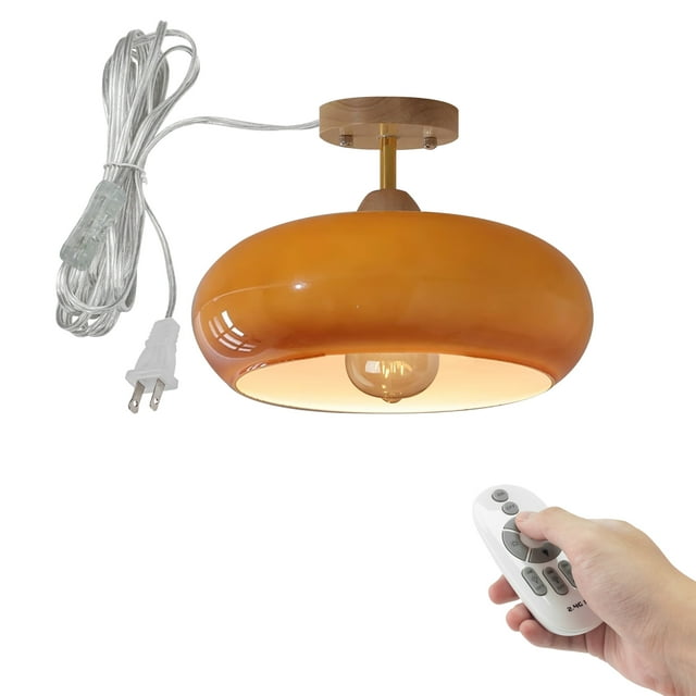 FSLiving Orange Smooth Glass Hanging Light with 15ft Plug-in Cord Wood Decorative Plug In Ceiling Light Remote Control Fixtures,Industrial Semi Flush Mount for Bedroom Living Room - 1 Pack