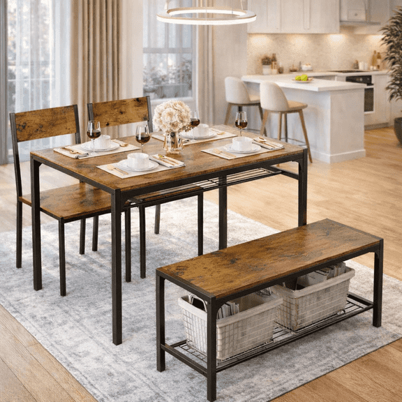 4-Piece Dining Table Set for 4, Kitchen Table with 2 Chairs & Bench, Compact Furniture for Small Space & Apartment Natural wood