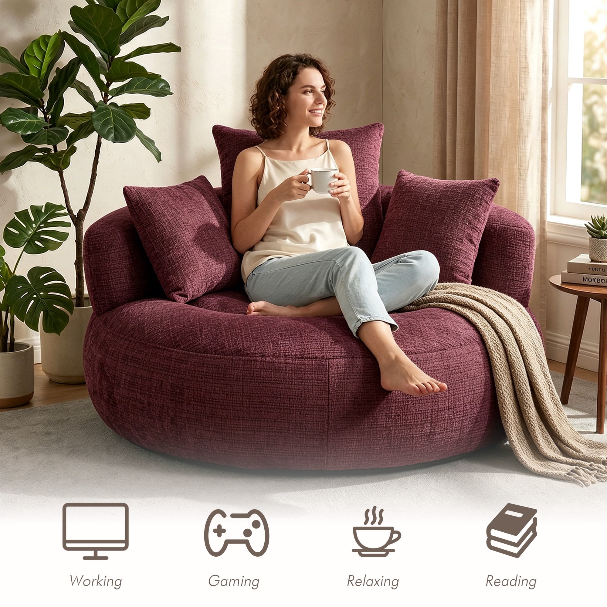 MOONMISS Oversized Bean Bag Chair, Chenille Lazy Bean Bag Sofa with Wrap-Around Backrest & Pillows for Living Room,Wine Red