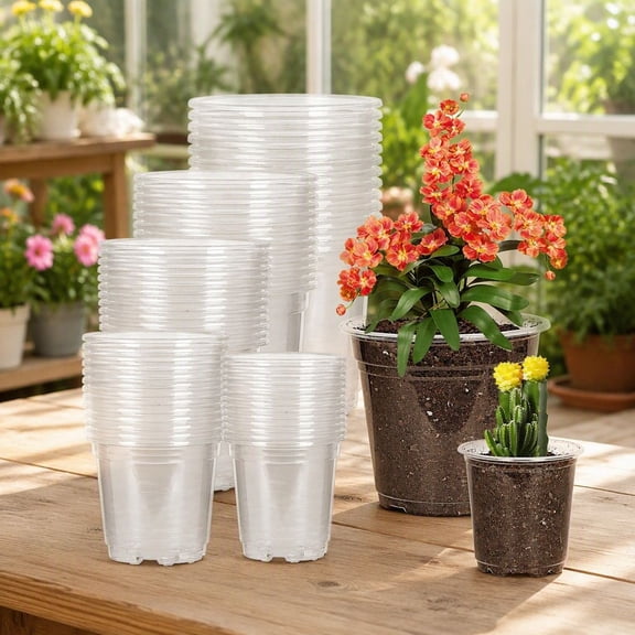 60 Pack Clear Plastic Pots with Drainage Holes, 3.5/4/5/6/7 Inch Plant Pots for Seedlings, Herbs, Indoor Outdoor Gardening
