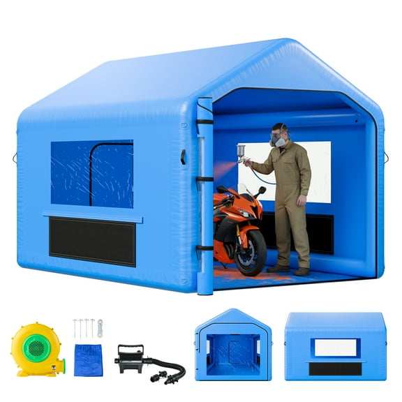 VEVOR Inflatable Paint Booth, 13.12 x 9.84 x 9.25 ft, Inflatable Spray Booth with 750W Powerful Blower and Air Filter System, Triangular Roof, for Painting Bicycle, Motorcycle, Automotive Sheet Metal