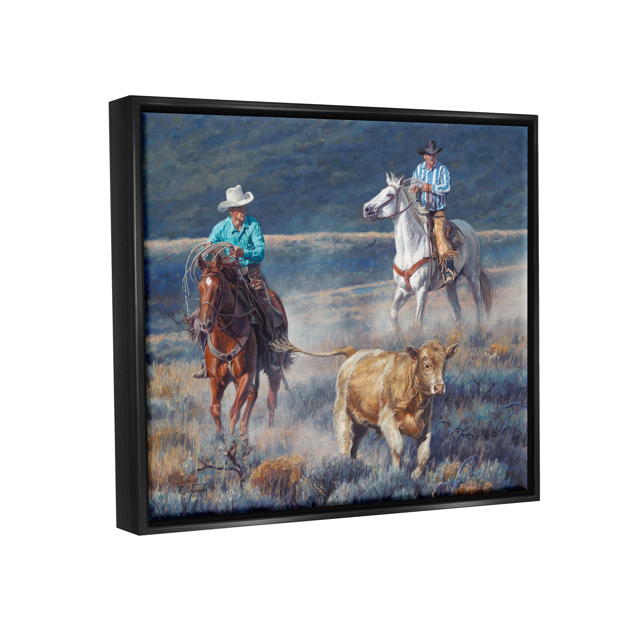 Stupell Industries Cowboys Wrangling Cattle Animals & Insects Painting Black Floater Framed Art Print Wall Art, 21 x 17