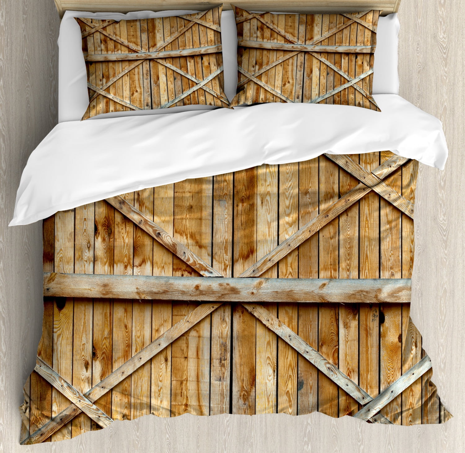 Rustic Duvet Cover Set, Traditional Wooden Timber Door with Vertical and Planks Farmhouse