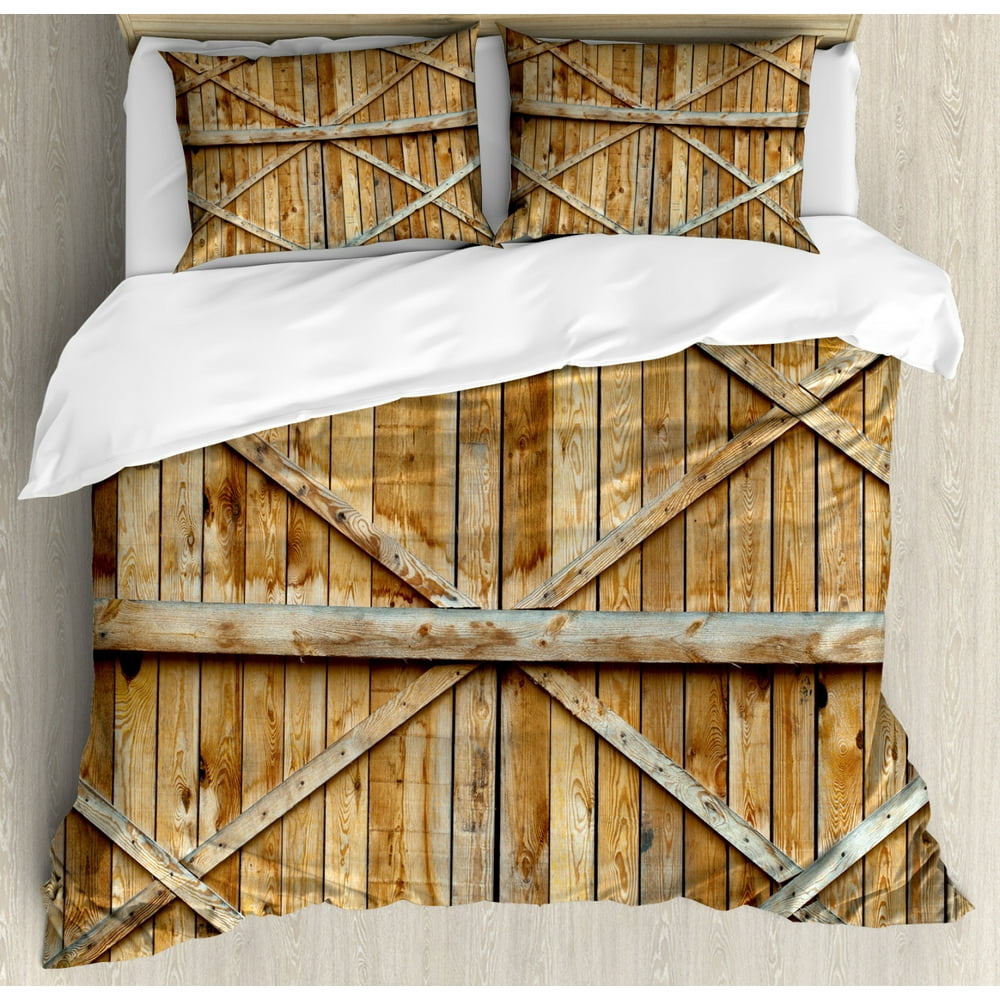 Rustic Duvet Cover Set, Traditional Wooden Timber Door with Vertical and Planks Farmhouse