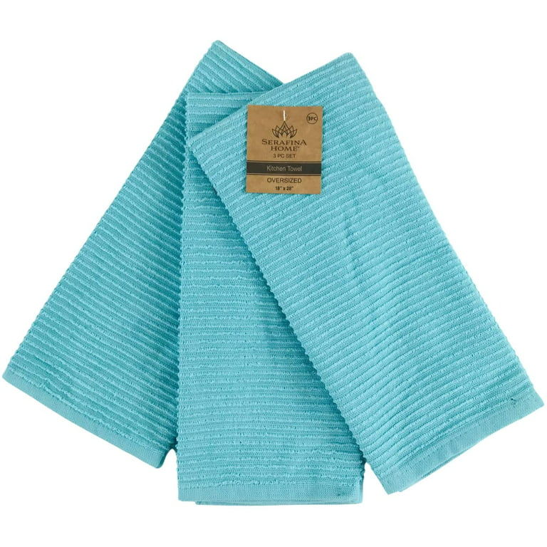 Serafina Home Oversized Solid Color Aqua Light Blue Blue Kitchen Towels:  100% Cotton Soft Absorbent Ribbed Terry Loop, Set of 3 Multipurpose for