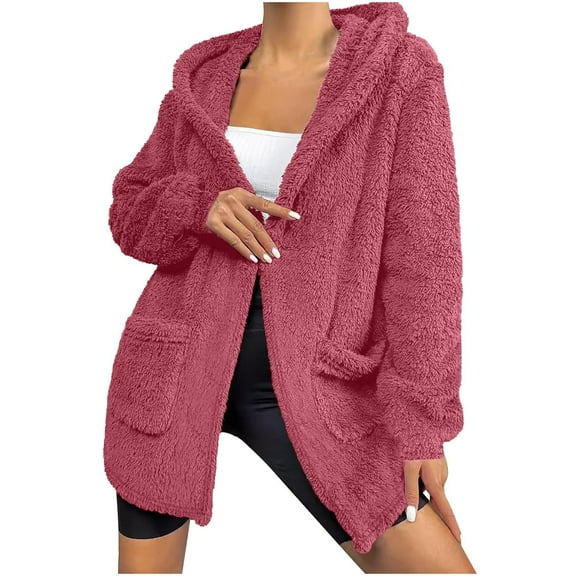 AherBiu Fleece Cardigan for Women Pajamas Coats Open Front Fuzzy Warm Hoodie Homewear Outwear with Pockets