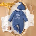 thumbnail image 2 of AWZXDE Toddlers Girl Outfits Knit Footed Long Sleeve Romper With Matching Knot Hat Embroidered Letter Crew Neck Snap Crotch 2 Casual Daily Wear Set Blue - 3-6 Months, 2 of 7