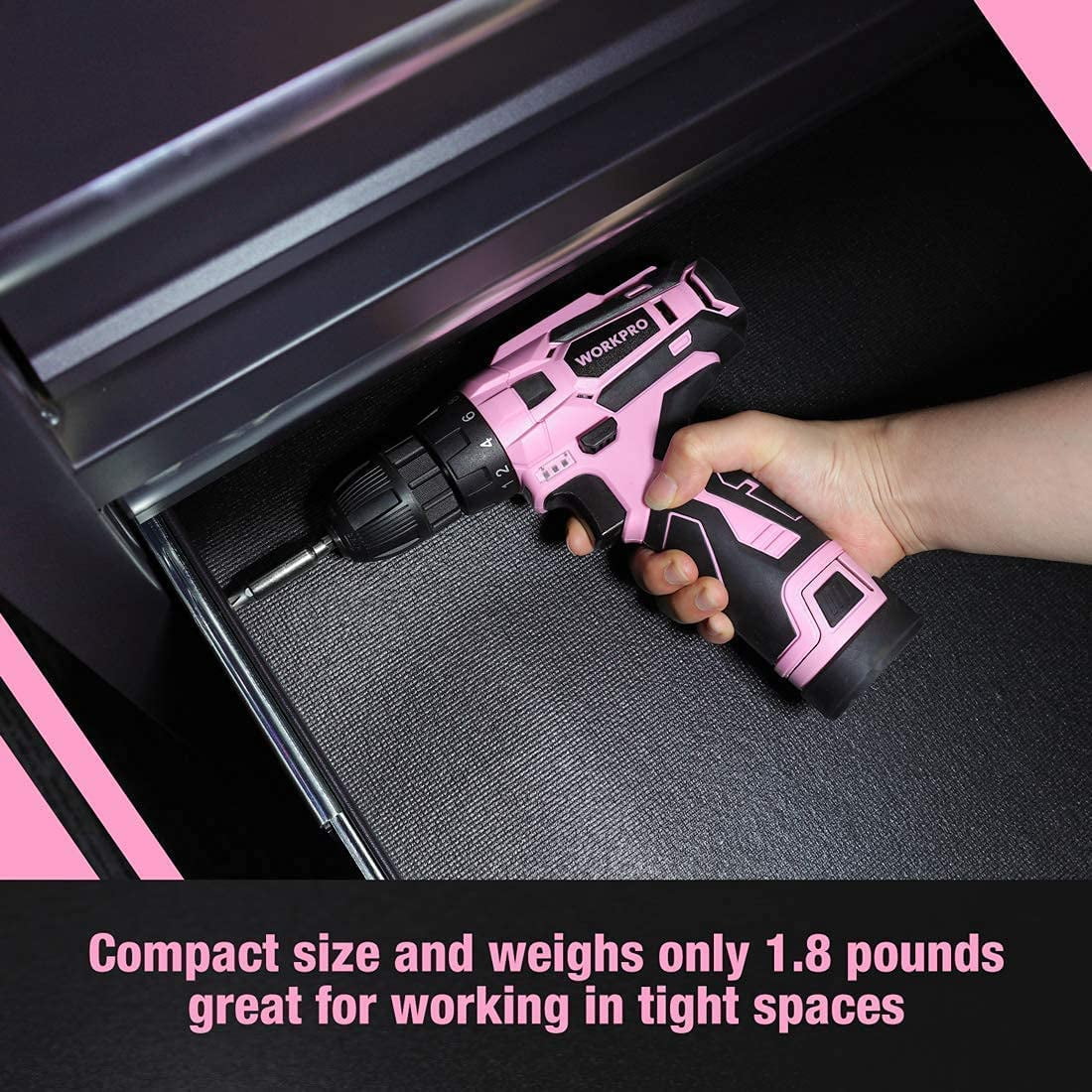 WORKPRO Pink Cordless Drill Driver Set, 12V Electric Screwdriver Driver Tool Kit for Women, 3/8" Keyless Chuck, Charger and Storage Bag Included - Pink Ribbon