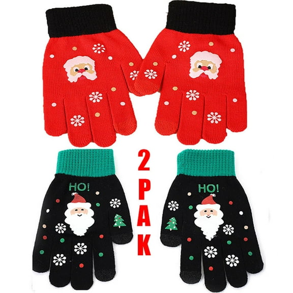 2 Pairs Winter Gloves for Men Women,Knit Warm Stretch Gripper Thermal Knitted Mittens Glove Black and Red,Cold Weather Warm Touchscreen Glove Unisex, Non-slip, Elastic Cuff,Knit Stretchy