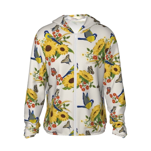 Fotbe Bird Sunflowers Chaqueta con Protección Solar UPF 50+ para Hombre y Mujer, Camisa con Capucha y Bolsillos-Small