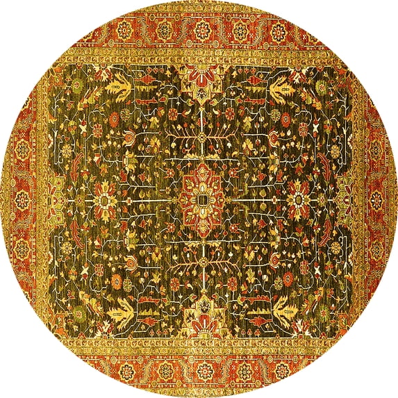Ahgly Company Machine Washable Indoor Round Oriental Yellow Industrial Area Rugs, 4' Round