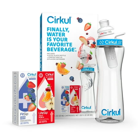Cirkul 22oz Plastic Water Bottle Starter Kit with Blue Lid and 2 Flavor Cartridges (Fruit Punch & Mixed Berry)