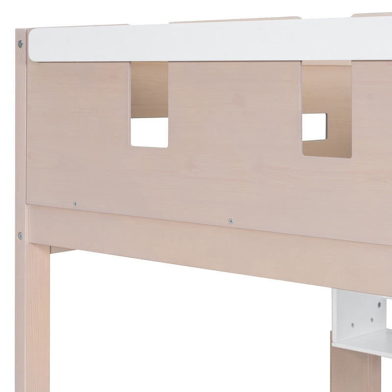 Twin Size Castle-Designed Kids's Bunk Bed with Built-in Ladder & LED Strip, Storage Wooden Bed Frame with 2 Drawers & Shelves