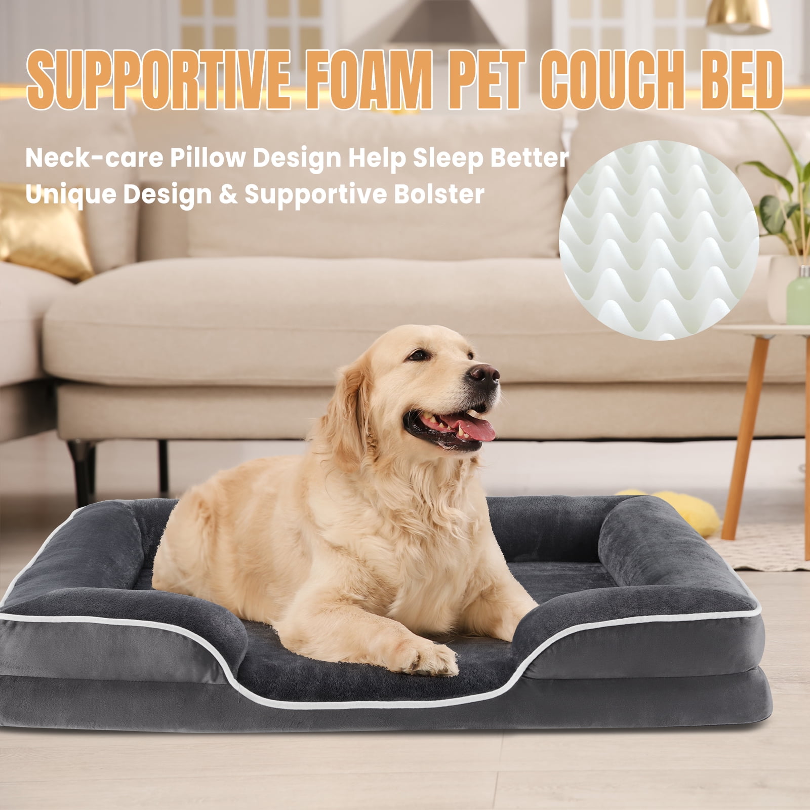 Gianna Orthopedic Dog Bed for X-Large Breeds – Memory Foam Pet Bed with Raised Sides, Washable Cover, Gray