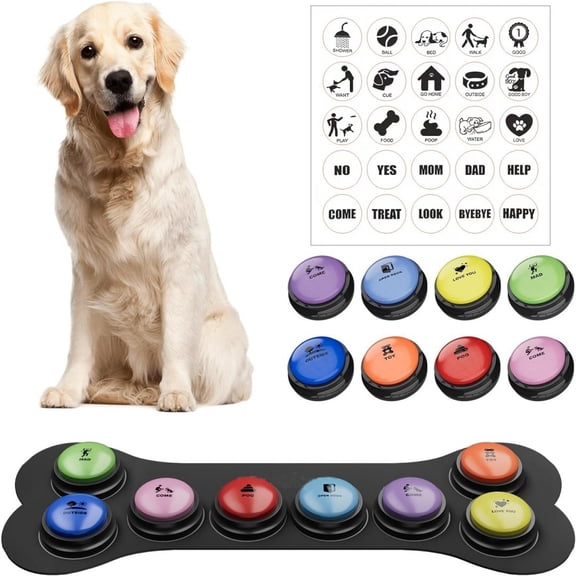 Dog Buttons for Communication, 8 Pcs Dog Talking Button Set, Speaking Button for Dogs with Waterproof Anti-Slip Dog Button Mat and 25 Scene Stickers