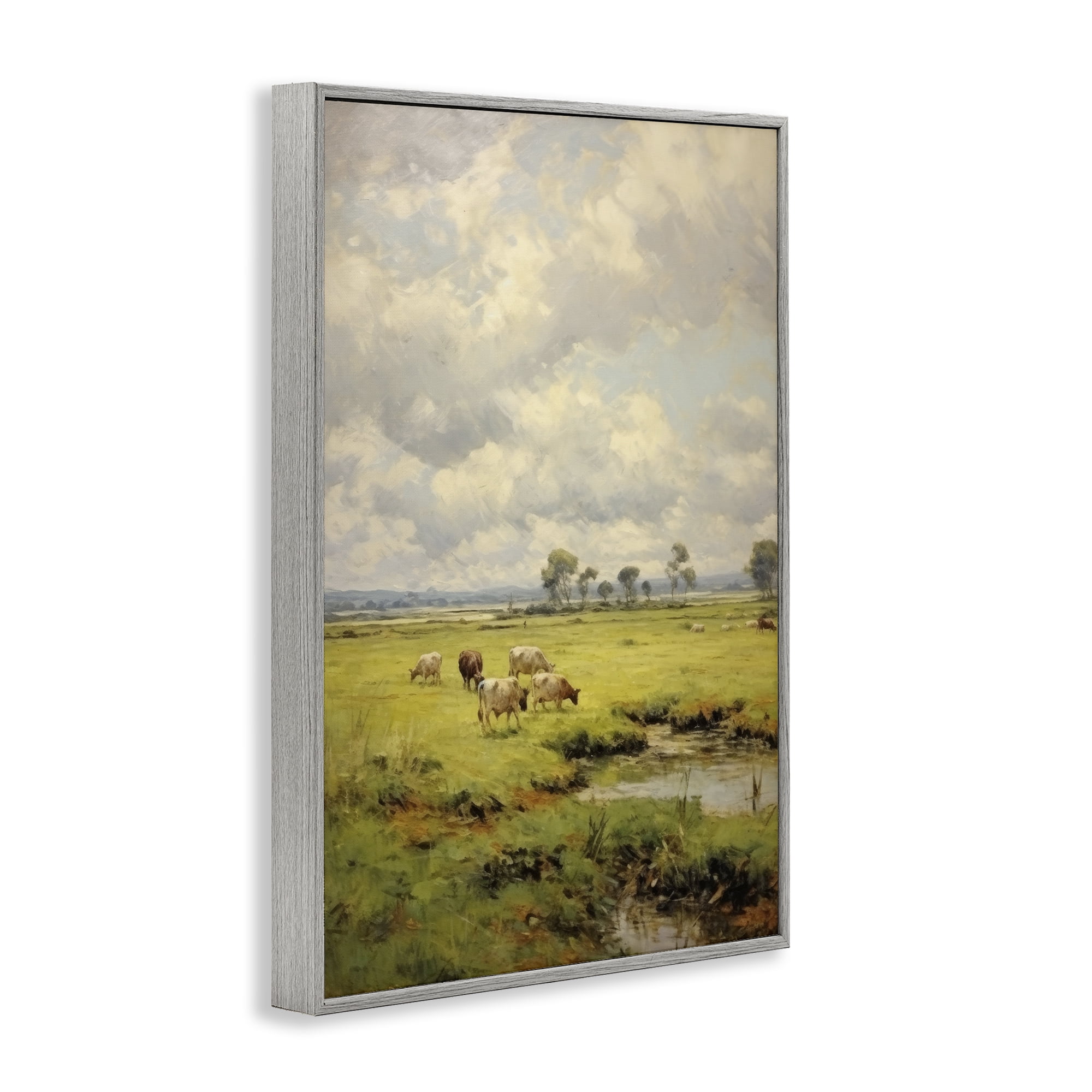 Stupell Industries Grazing Cows Countryside Landscape Painting Gray Framed Art Print Wall Art, 12 x 18